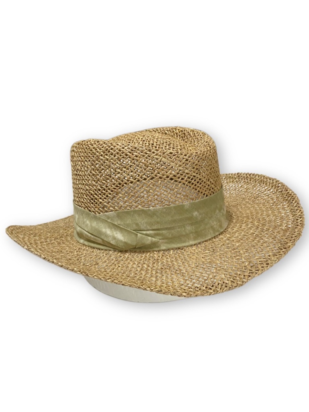 Vintage Mens Seagrass Straw Weaved Gambler Hat Olive Tone Green Knotted Puggaree